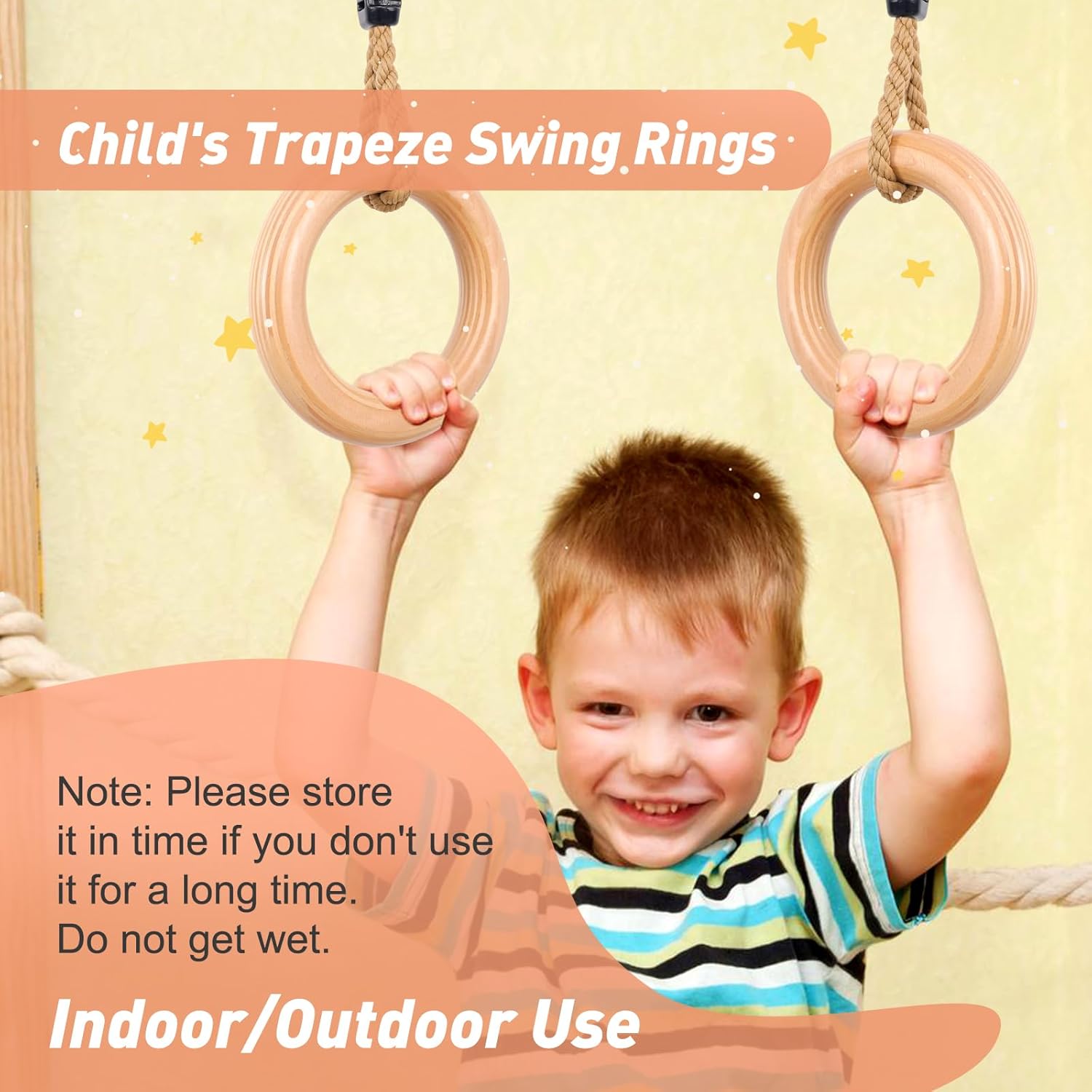 YAERSI Wooden Gymnastics Rings - Adjustable Pull-Up Rings for Kids' Home Exercise | Durable & Versatile