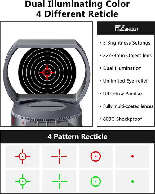 EZshoot Red Green Dot Sight - Holographic Reflex Scope with 4 Reticles & 20mm Rail Mount