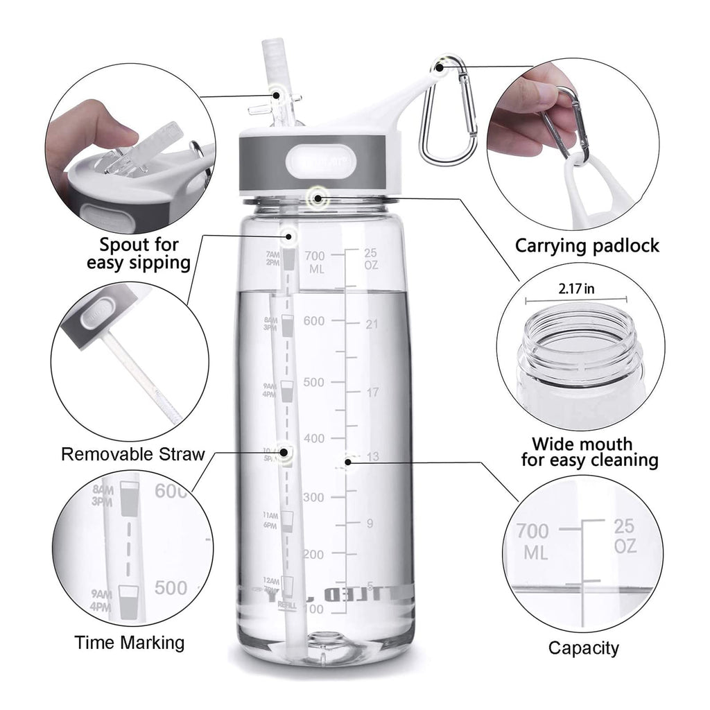 Louis Donné Water Bottle with Stra, 28oz Sports Water Bottle with Time Marker and Tritan, BPA Free and Leakproof, For Bottled Joy Sports Jug, Water Bottle with Carabiner For Fitness, Yoga (Clear)