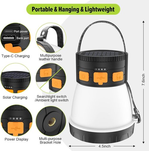 2 Pack LED Camping Lantern, 1500 Lumens Camping Lantern Rechargeable with Solar Panel Charging, Waterproof, 8 Light Modes, 7500mAh Power Bank, Camping Flashlight for Hurricane Emergency, Outdoor