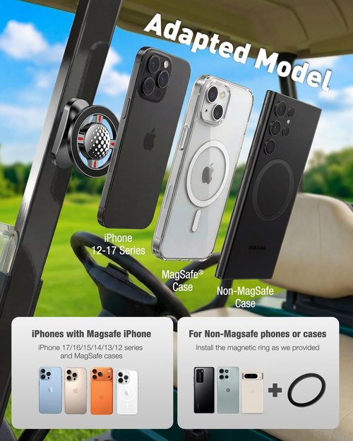 NEVERLAND Magnetic Golf Cart Phone Holder, 360° Rotation Golf Cart Phone Mount Compatible with MagSafe iPhone and Android, Golf Cart Accessories Gifts for Men Women Golfers