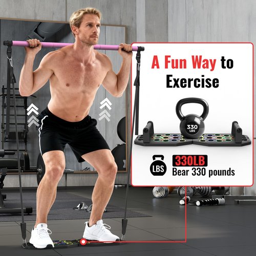 Lazolloa Push Up Board Bar Kit with Resistance Bands, Portable Pilates Bar for Fitness, Home Workout Gym System, Foldable Exercise Equipment for Full Body Training, Men & Women