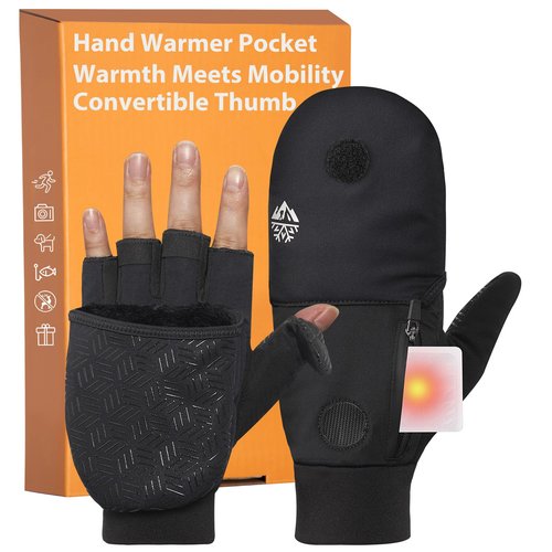 RIGWARL Winter Fingerless Gloves for Men Women, Convertible Mittens with Hand Warmer Pocket, Windproof Running Mittens for Texting Photographing(Black, XL)