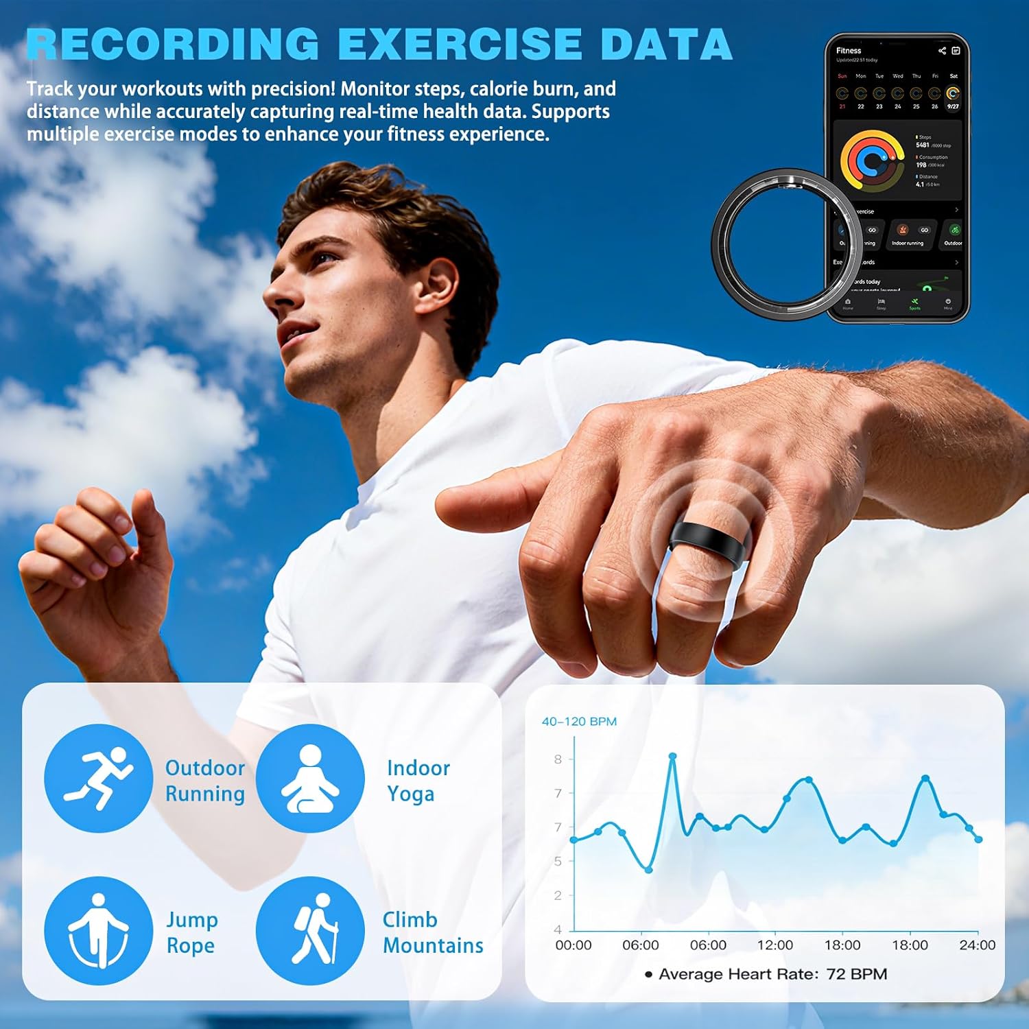 Skiennix Smart Ring - Fitness Tracker with Heart Rate, SpO2 & Sleep Monitoring | IP68 Waterproof (Black, Size 12)
