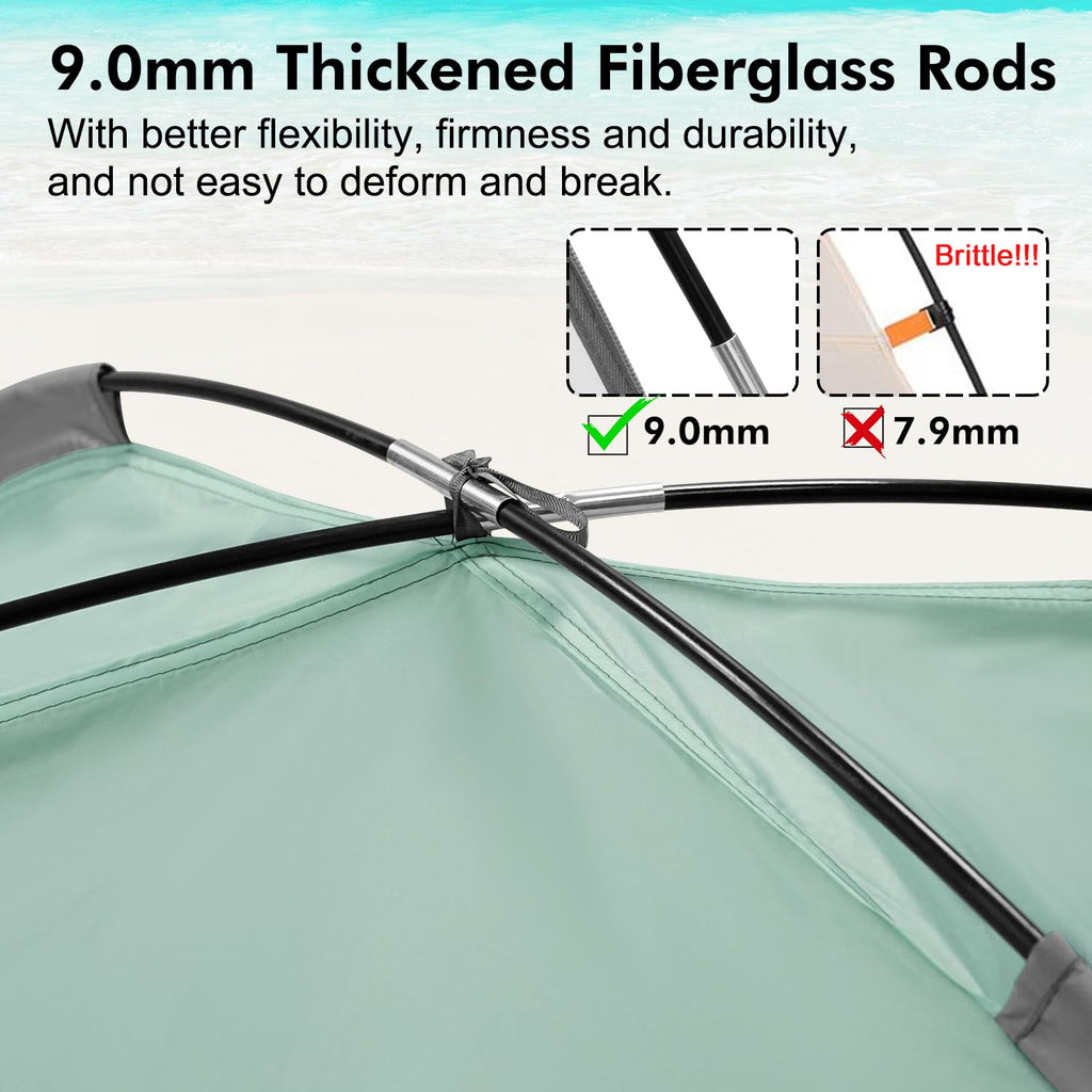 WhiteFang Beach Tent Anti-UV Portable Sun Shade Shelter for 4 Person with Blackout Shelter, Extendable Floor with 3 Ventilating Mesh Windows Plus Carrying Bag, Stakes and Guy Lines (Mint Green)