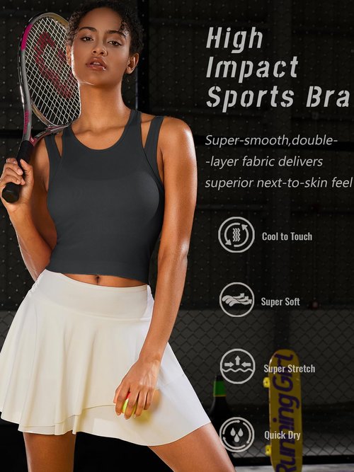 RUNNING GIRL Sports Bras for Women High Impact Seamless Ribbed Longline High Neck Workout Crop Tank Tops Padded(BX3036Black,M)