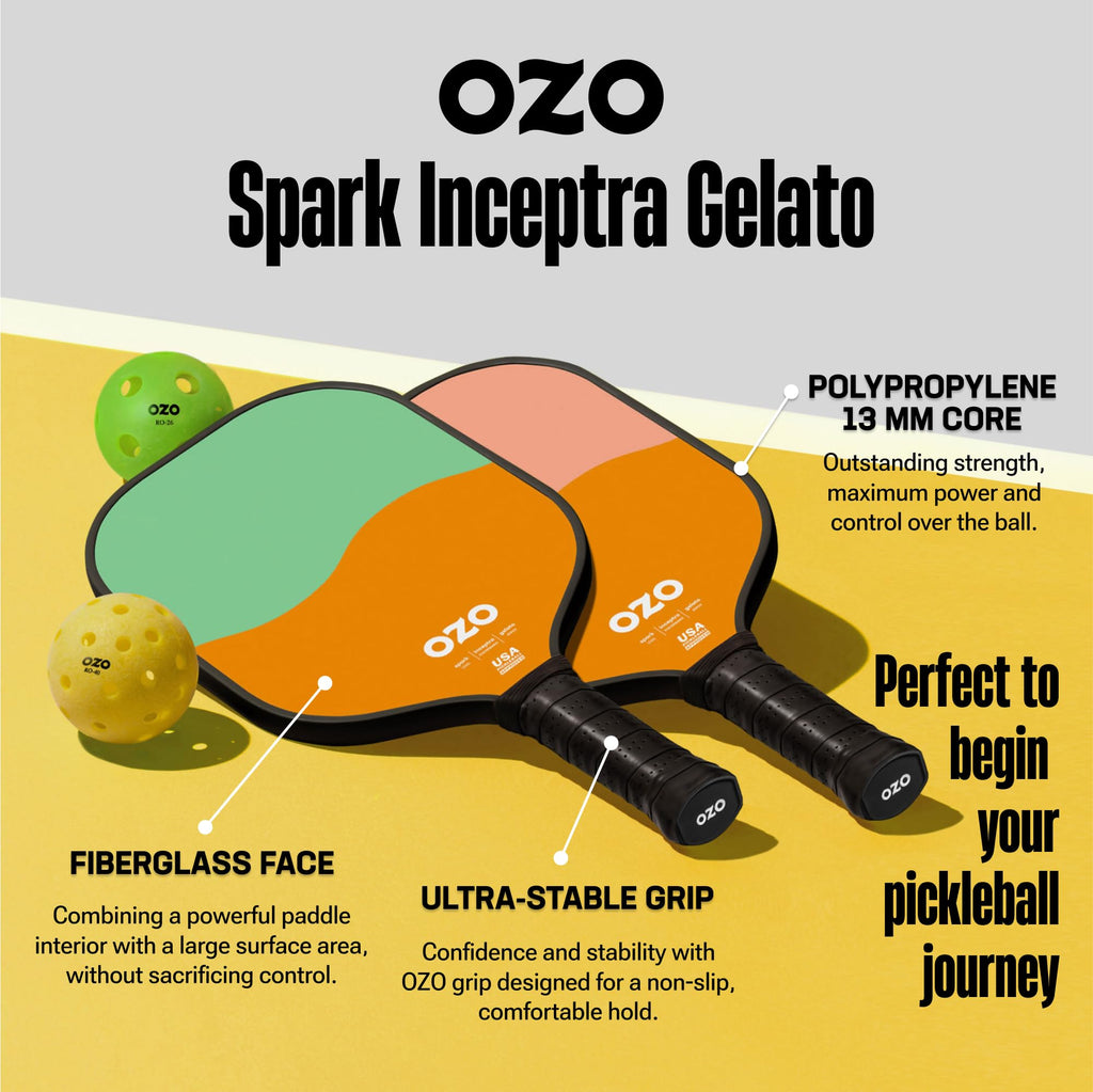 OZO Pickleball - Set of 2 Paddles + 4 Balls - Spark Inceptra Gelato (Beginner Control) +Indoor & Outdoor Balls + Carrying Bag
