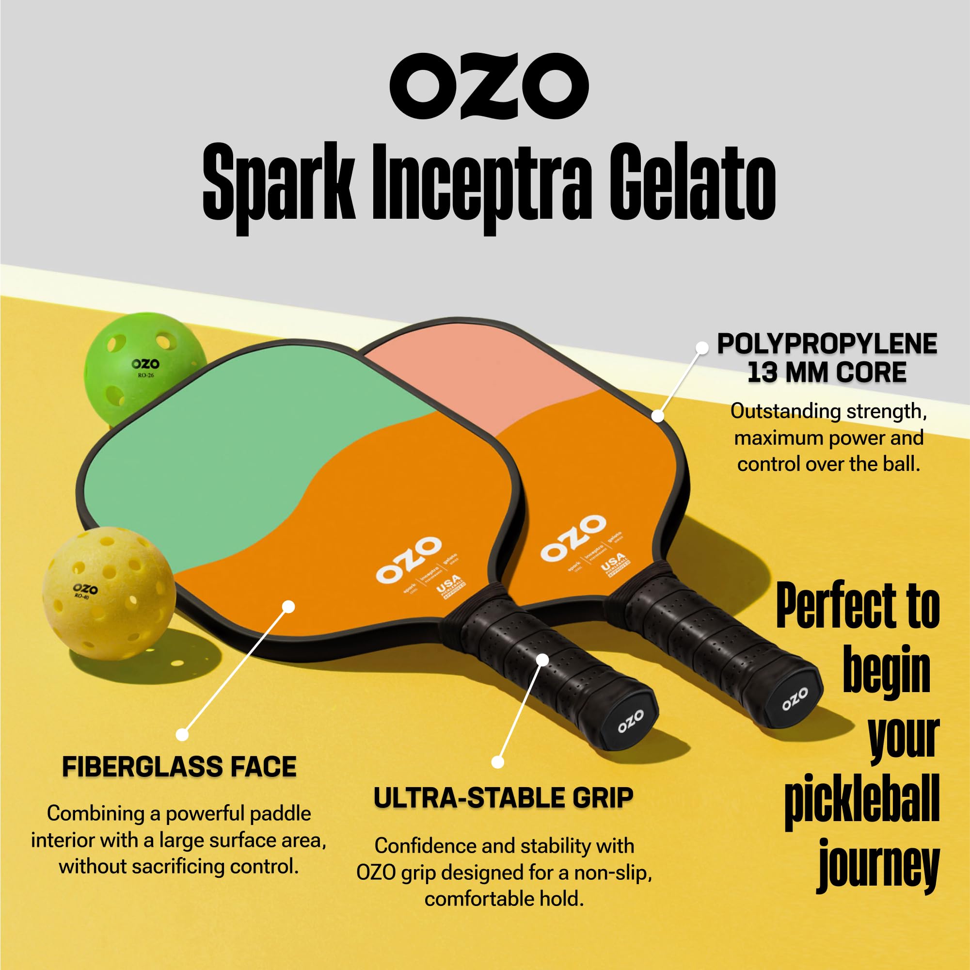OZO Pickleball - Set of 2 Paddles + 4 Balls - Spark Inceptra Gelato (Beginner Control) +Indoor & Outdoor Balls + Carrying Bag