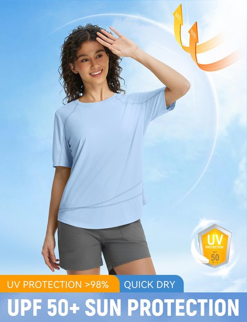 baleaf Women's Short Sleeve Sun Shirt UPF 50+ Quick Dry Workout Tops Lightweight UV Protection Shitrs Hiking Running Athletic Light Blue L