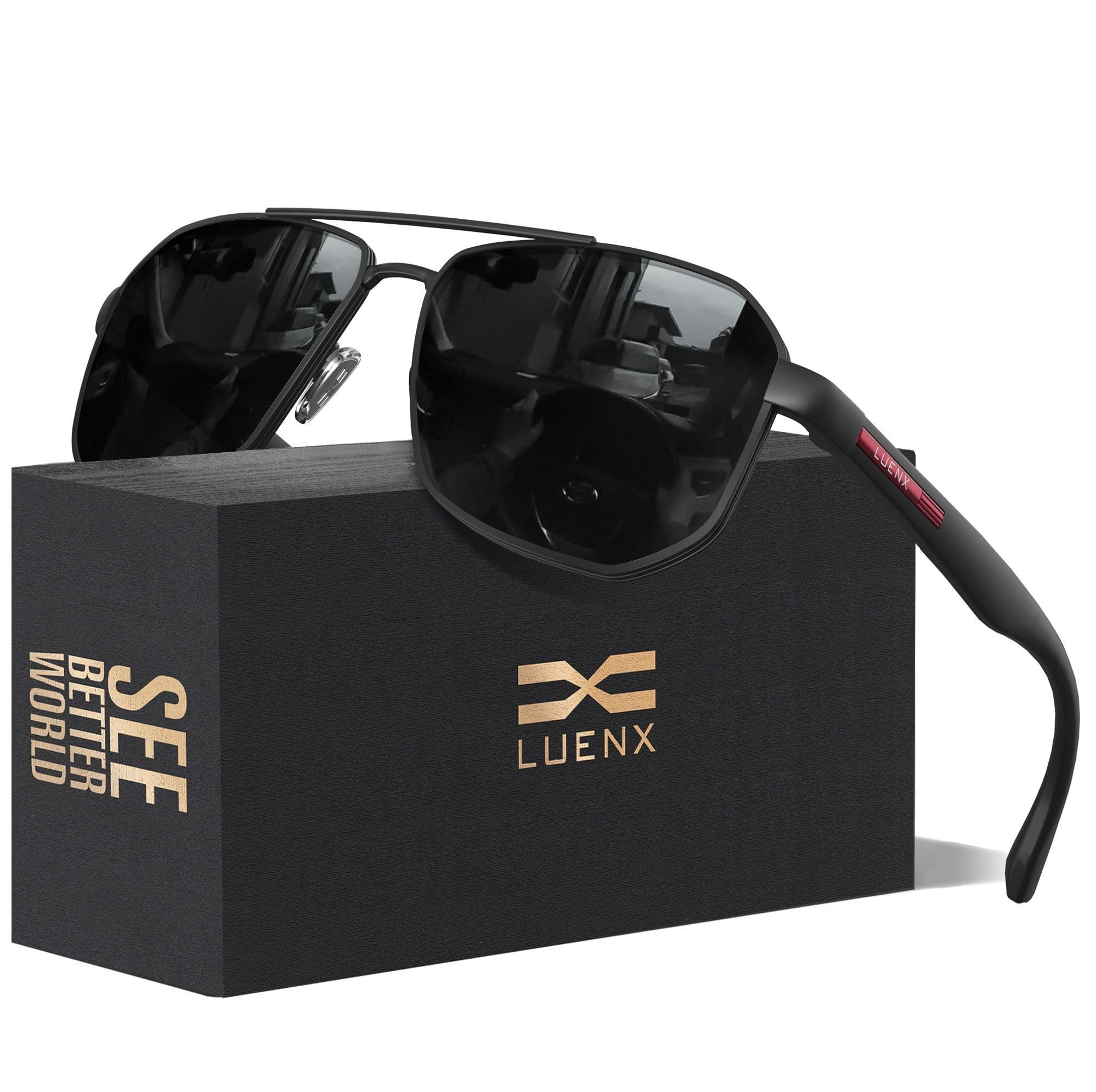 LUENX Aviator Sunglasses for Men Square Polarized Polygon Lens - UV 400 Protection with Accessories Driving Outdoor