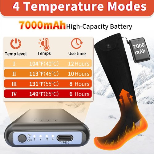 Heated Socks for Men Women, Upgraded 7000mAh Rechargeable Battery Heated Socks, Warmth Up to 12 Hours, 4 Heating Settings, Washable Thermal Electric Heating Socks (Black & Gray, Unisex-Adult)