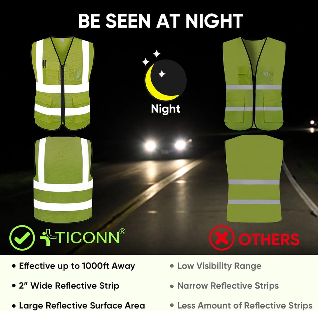 TICONN High Visibility Reflective Safety Vest - Class II Mesh for Men & Women | ANSI Compliant