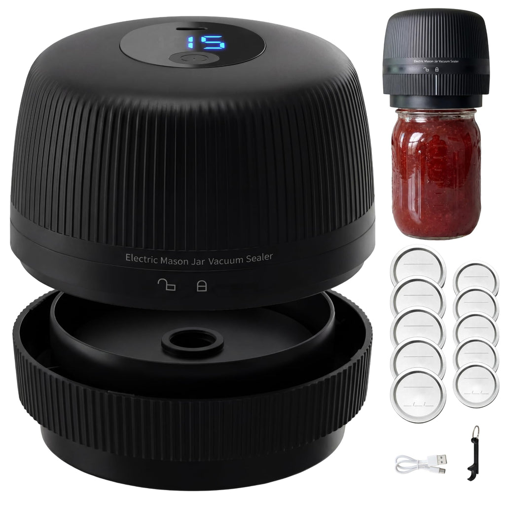 Electric Mason Jar Vacuum Sealer Kit – Rechargeable & Automatic, Works with Wide & Regular Mouth Canning Jars for Airtight Food Storage