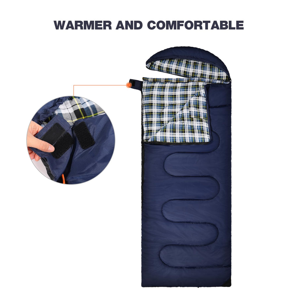 REDCAMP Cotton Flannel Heated Sleeping Bag for Adults, Large Cotton Sleeping Bags for Camping with Hood, Blue Plaid with 4lbs Filling