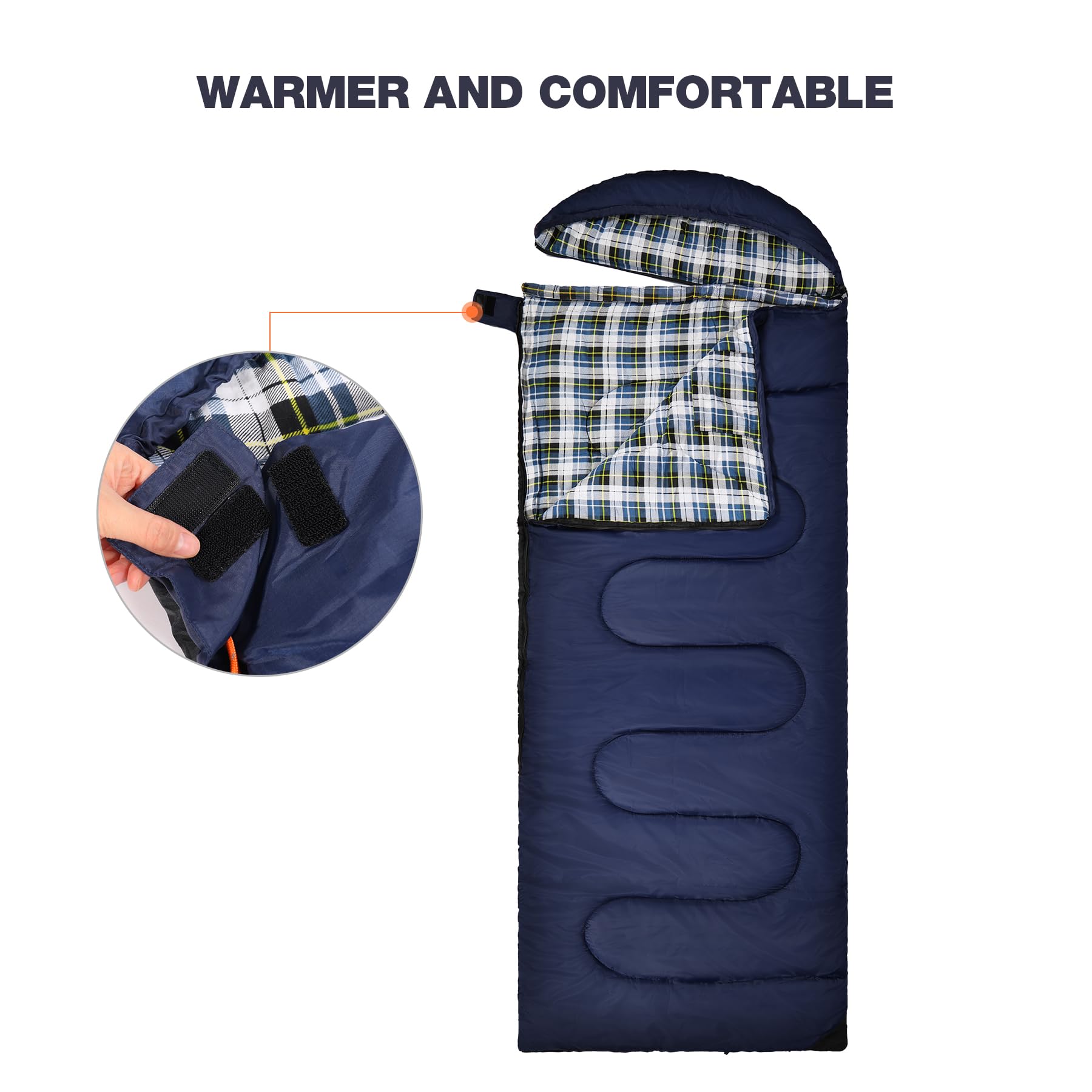 REDCAMP Cotton Flannel Heated Sleeping Bag for Adults, Large Cotton Sleeping Bags for Camping with Hood, Blue Plaid with 4lbs Filling