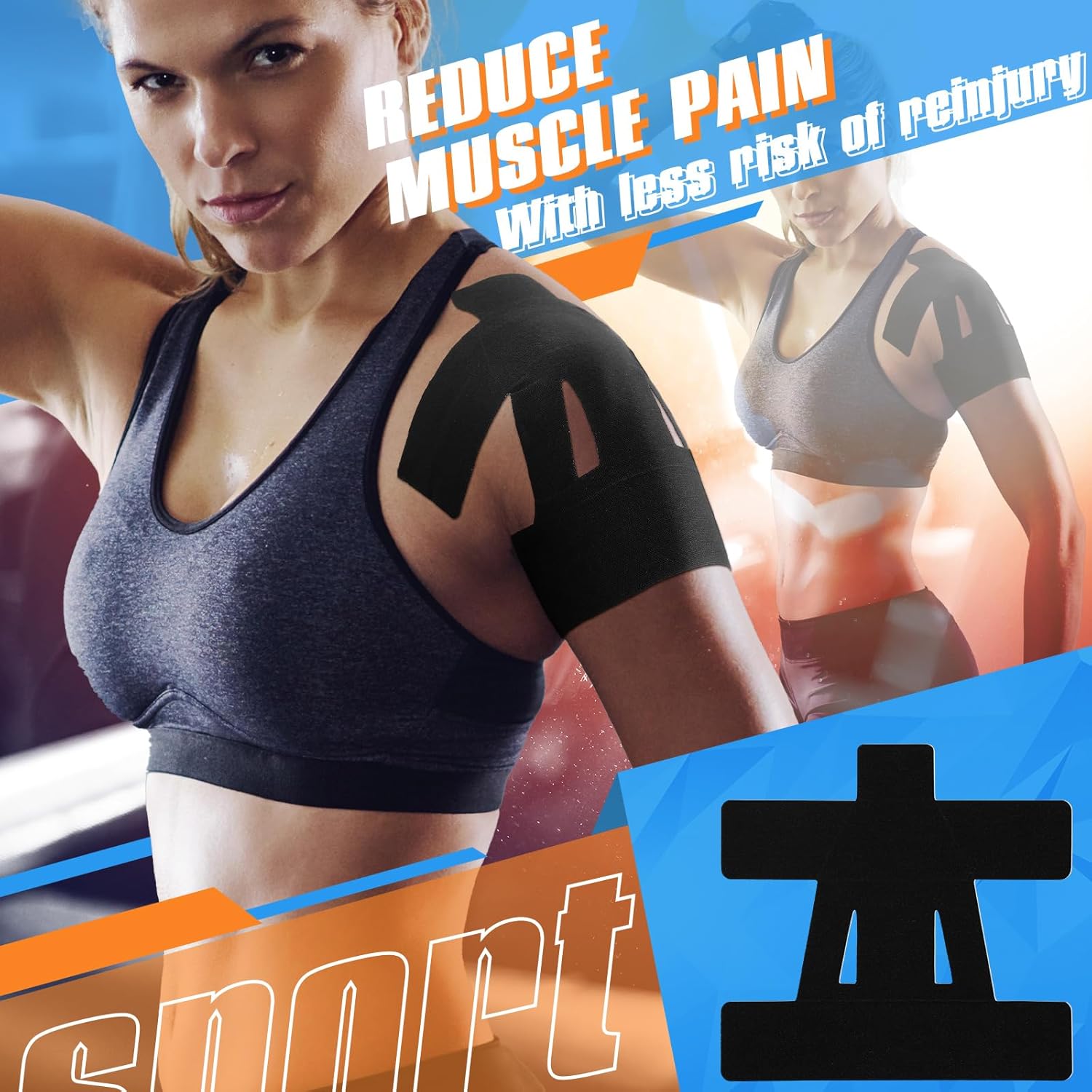 Skiennix Kinesiology Tape - 12 Count Pre-Cut Athletic Tape for Shoulder Pain Relief | Waterproof & Breathable (Black)