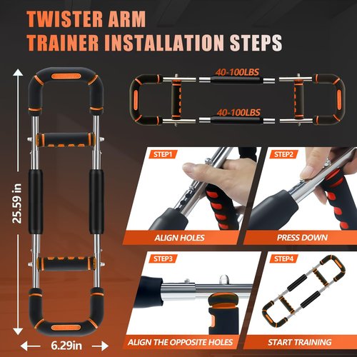 2025 Pro Twister Arm Trainer, 40-100lb Adjustable Power Twister Bar, Chest Shoulder Arm Workout Equipment, Portable Detachable Upper Body Fitness Machine for Home & Gym (Orange 30-70lbs)