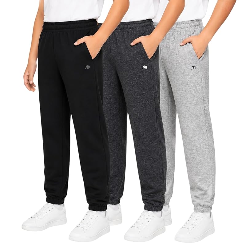 AeroPostale Boys Fleece Joggers 3-Pack - Grey Heather, Charcoal Heather, Black 14-16