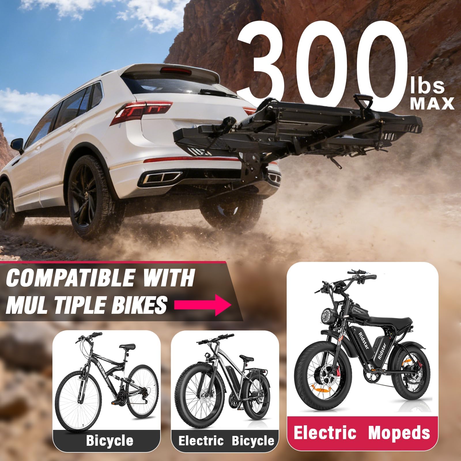 Tekmira Ebike Rack with Ramp, Foldable Bike Rack for Tow Hitch, Heavy Duty Bike Carrier for 2 Fat Tire Bikes with 300LBS Load Capacity - Fits SUV, Truck, Trailer, RV-Gray