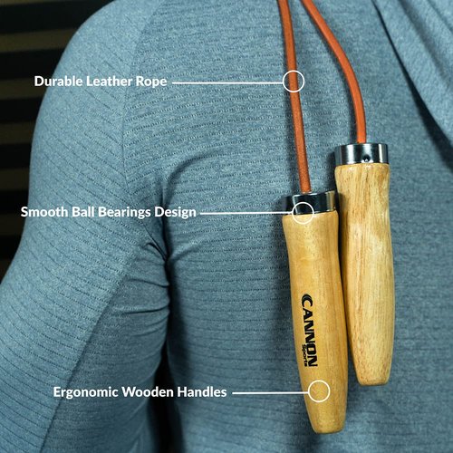 Cannon Sports Leather Jump Rope with Ball Bearing Wooden Handles for Fitness & Home Gym (9.5 FT)
