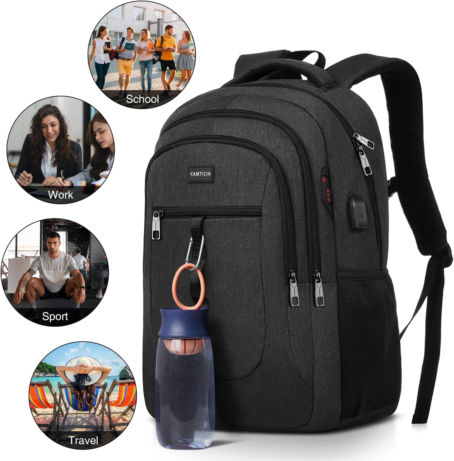 YAMTION Black Backpack - Versatile Laptop Bag with USB Port for School & Work | Unisex Design