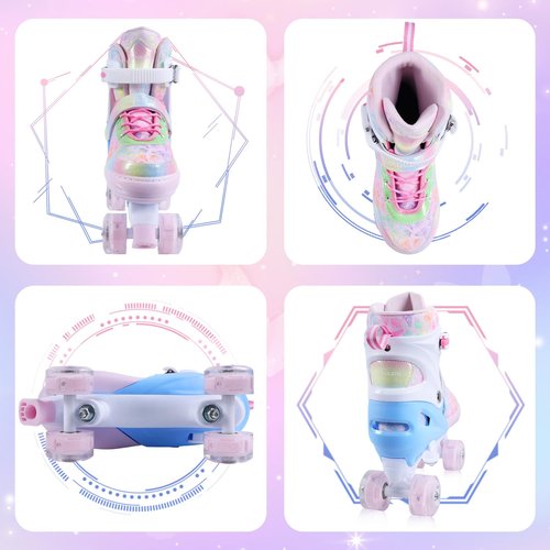 Kids Roller Skates, 4 Size Adjustable Quad Skates with All Light Up Wheels, 10C to 8 Rollerskates for Toddlers, Beginners, Boys, Girls, Outdoor, Indoor, Pink, Medium