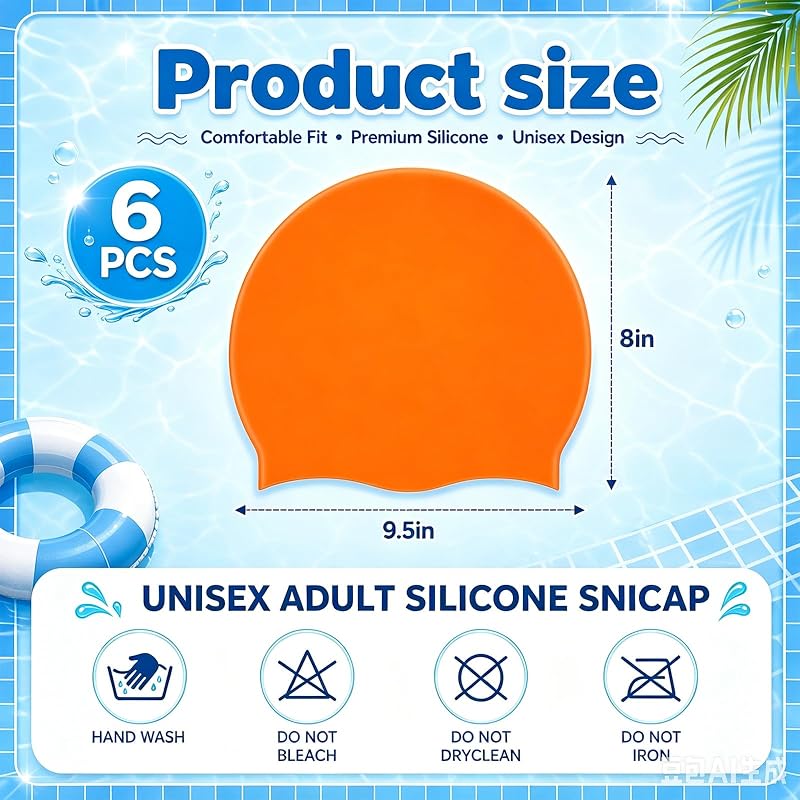 6-Piece Silicone Swim Cap Set - Unisex, 6 Solid Colors (Yellow, Orange, Red, Black, Navy, Purple)