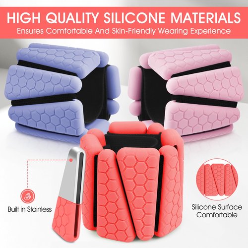 Wrist Weights, 2Pack Adjustable Silicone Weighted Bangles for Women and Men, Wearable Wrist Ankle Weights Suitable for Yoga, Walking and Gym, Arm & Leg Workout, 2lb (Red)