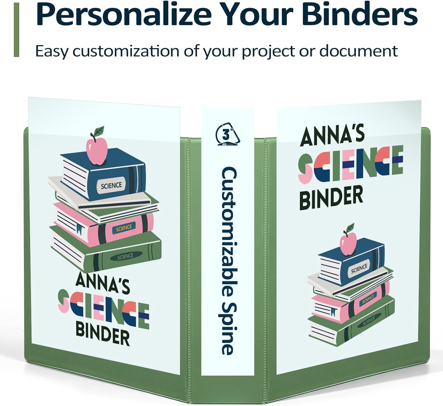 Sooez BinderX Extra Durable 3-Inch D-Ring Binder - Holds 670 Sheets | Customizable Olive Green Cover