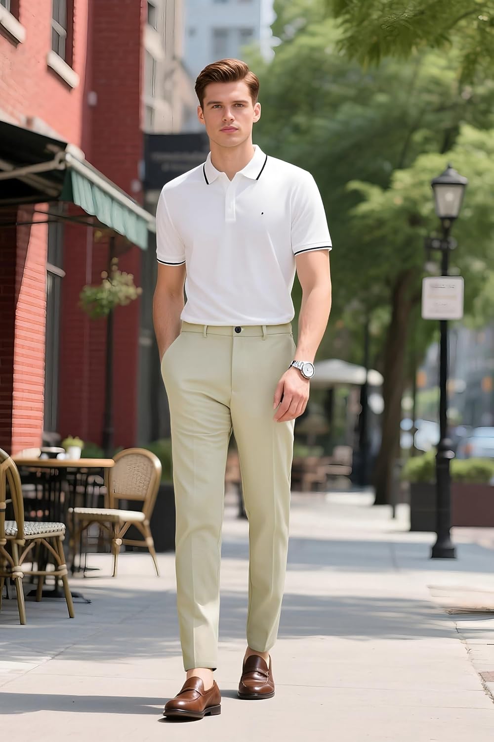 Plaid&Plain Men's Slim Fit Dress Pants - Stretch Khaki, Wrinkle-Free Comfort & Style