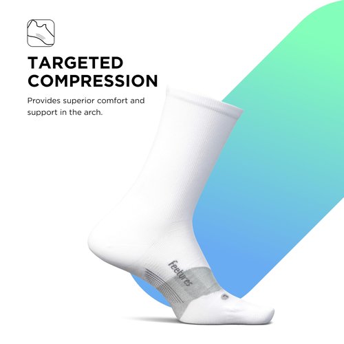 FeeturesElite Ultra Light Cushion Mini Crew Sock - Sport Sock with Targeted Compression - White, Medium (3 Pair)