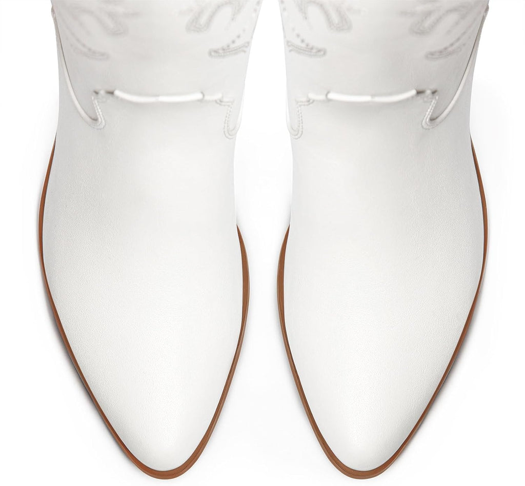 Ouepiano White Cowgirl Boots - Women's Knee High Cowboy Boots with Chunky Heel & Pointed Toe