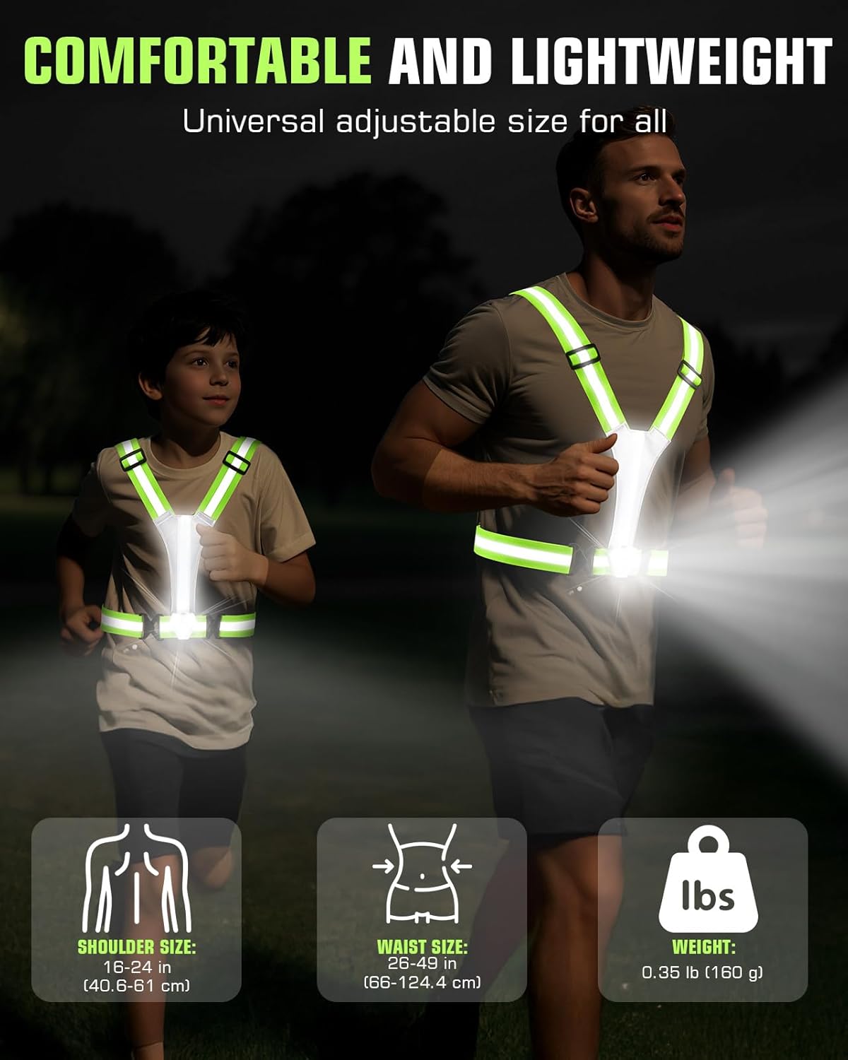 Zacro LED Reflective Vest - 500LM Rechargeable Light Up Running Gear | High Visibility for Night Safety, Adjustable for All Sizes