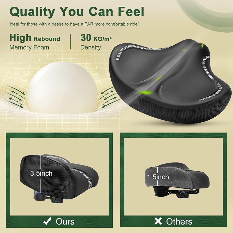 Noseless Oversized Bike Seat Cushion - Memory Foam Comfort 12x8.8x8.8in, Black