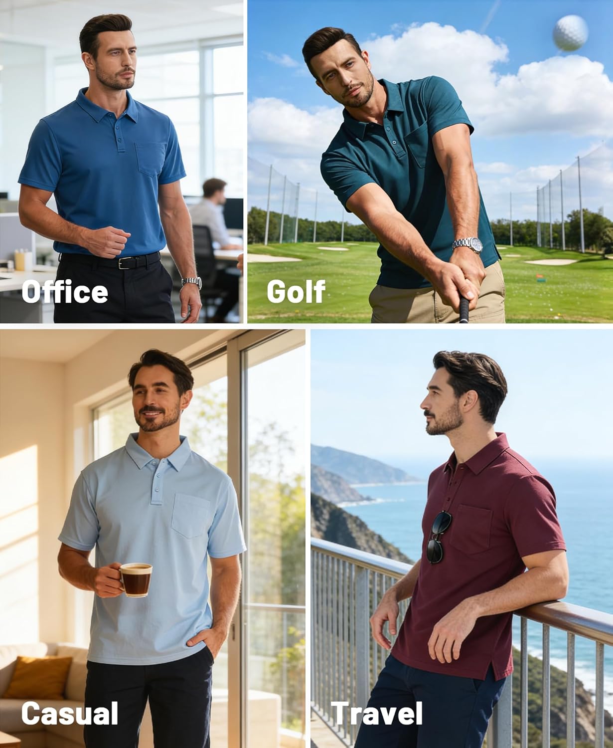 ZITY Men's Polo Shirts - 3 Pack Short Sleeve with Pocket | Moisture-Wicking Casual Golf Tees