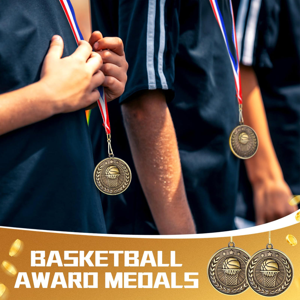 Loetere 60 Pcs Sports Award Medals Bulk 2 Inch Bronze Trophies with Neck Ribbons Football Basketball Baseball Soccer Cheerlead Winner Medal for Team Gift Sport Party Games Prize Supply(Basketball)