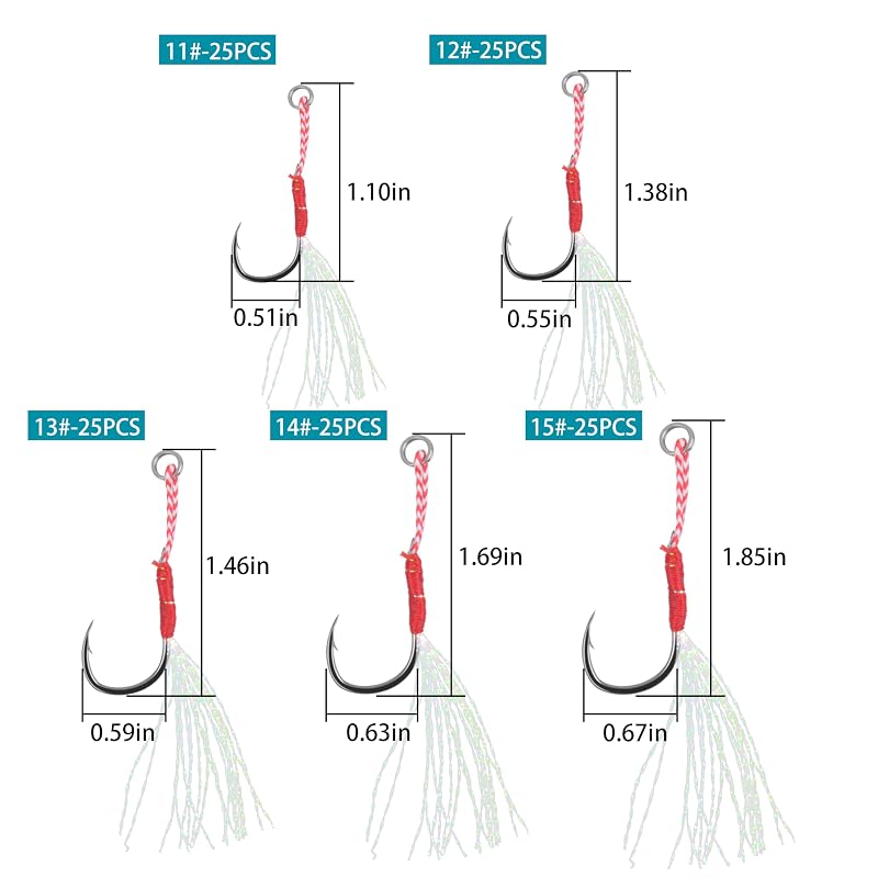AGOOL Micro Jig Assist Hooks 100pcs #11-#15 with Flash Tinsel in Plastic Box