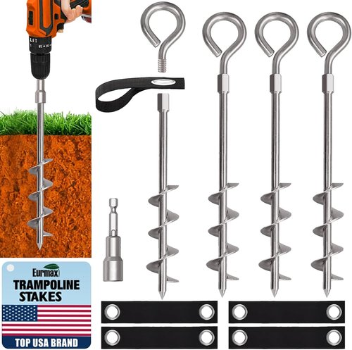 Eurmax USA Heavy-Duty Trampoline Stakes | 4-Pack Outdoor Tent Anchor Kit with Straps - Silver