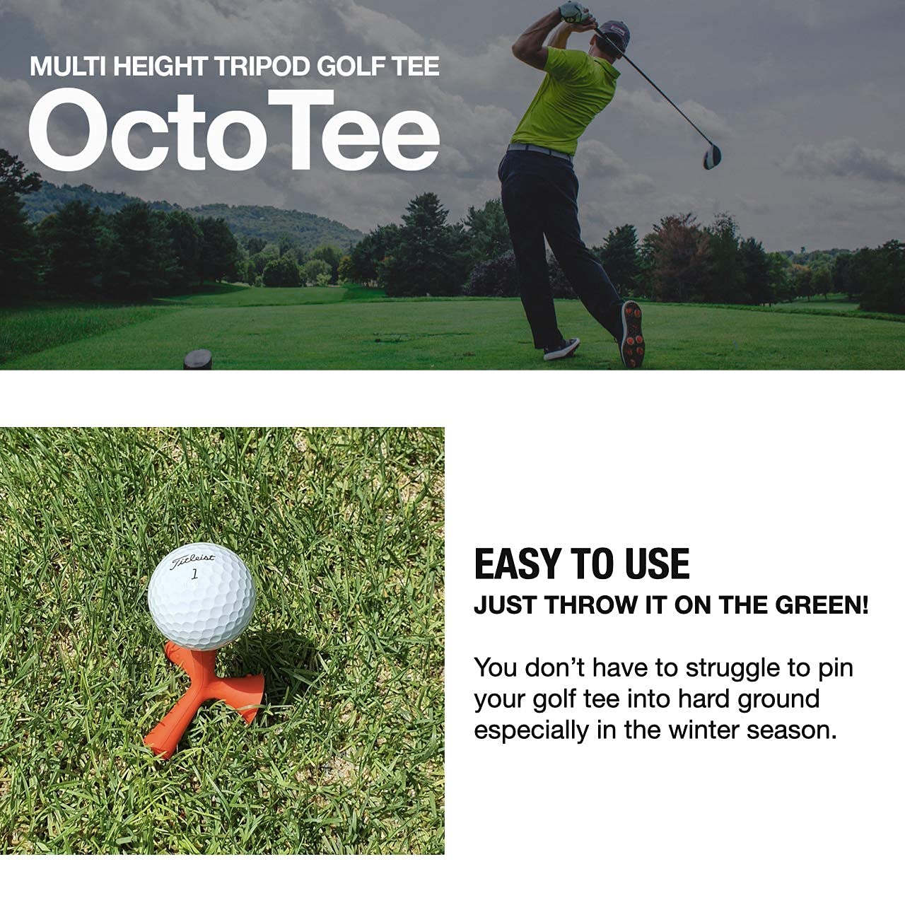 OctoTee, unisex-adult Flexible Tripod Colorful Rubber Golf Tee with Multi Height, Pack of 2