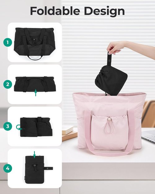 BAGSMART Foldable Tote Bag - Large Shoulder Handbag with Drawstring for Travel, Work & Gym