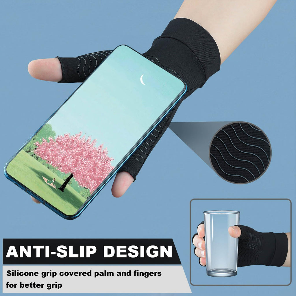 TIZHJOZI 2 Pairs Copper Arthritis Compression Gloves for Rheumatoid, Osteoarthritis, Carpal Tunnel Pain Relief, Compression Hand Gloves for Women & Men,Anti-Slip Fingerless Gloves for Work,Typing (M)