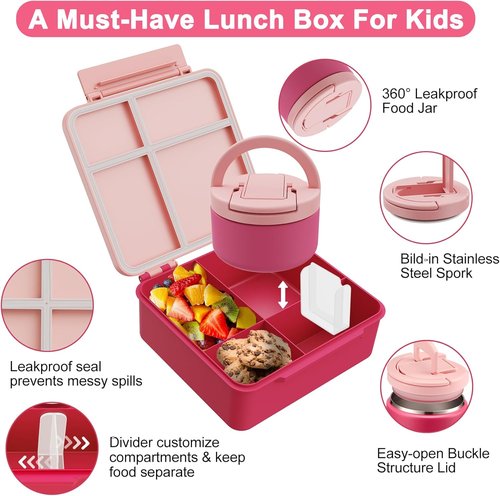 MAXSO Bento Lunch Box Set - Leakproof 4-Compartment Hot Food Container with 8 oz Soup Thermo - Pink