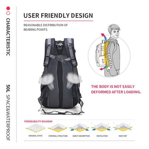 Bseash 50L Hiking Backpack, Water Resistant Lightweight Outdoor Sport Daypack Travel Bag for Camping Climbing Skiing Cycling (Blue Green - With Shoe Compartment)