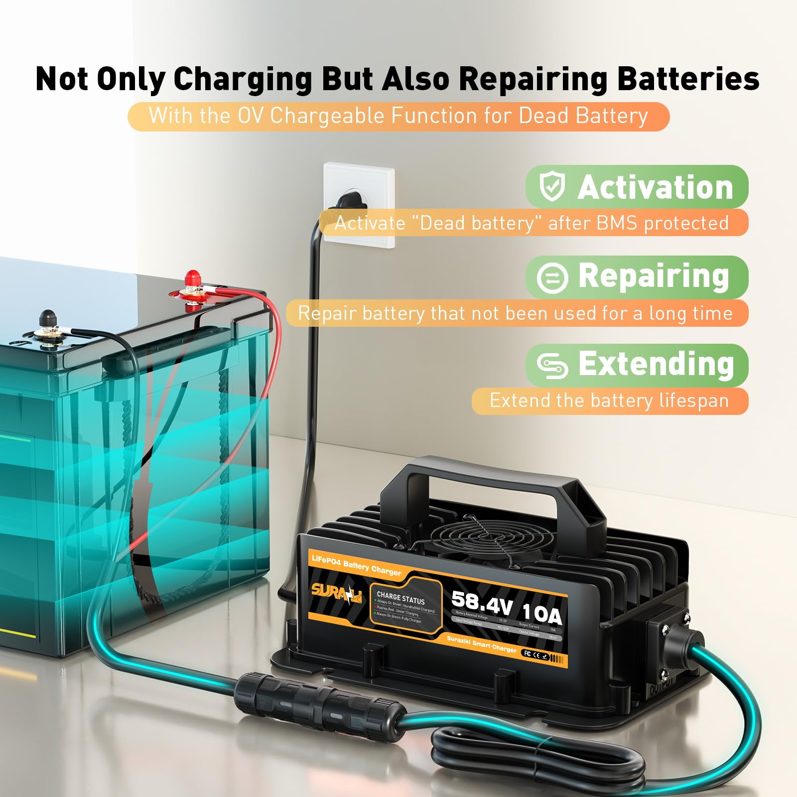 Suraziki 48Volt 10Amp Lithium Golf Cart Battery Charger-58.4V Onboard Battery Charger for 51.2V 16S LiFePO4 Battery with Ring Terminals Plug