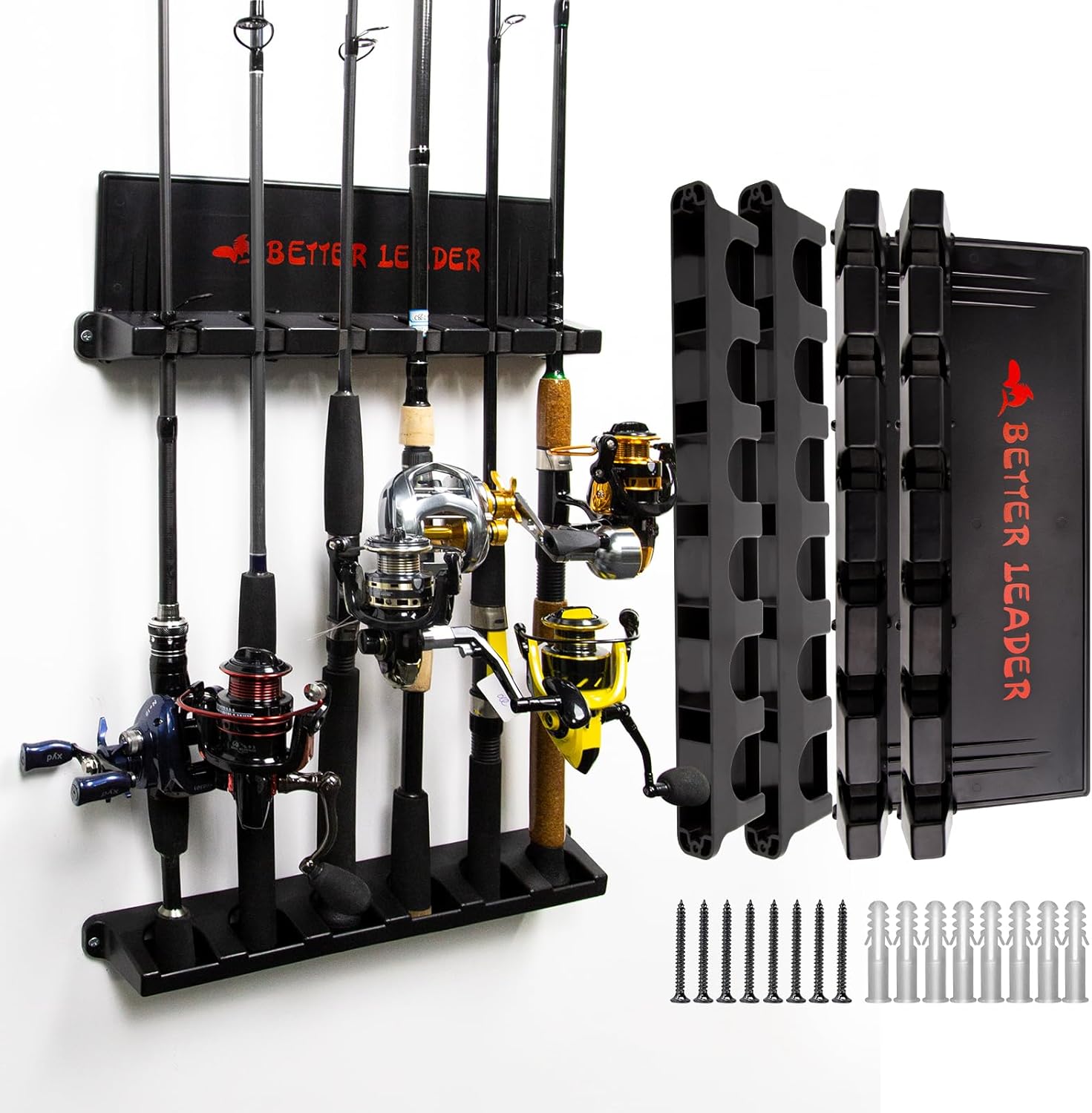 **BETTER LEADER Vertical Fishing Rod Holder - Wall Mount Rack Holds Up to 12 Rods | Fits Rods 3-19mm**