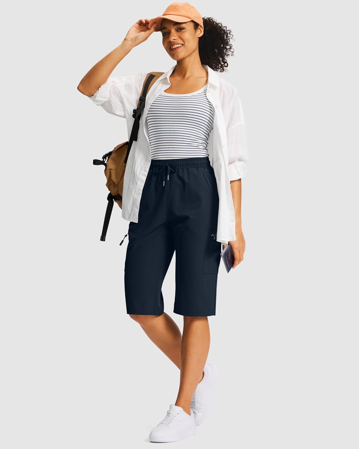 SANTINY Women's 15" Long Cargo Shorts - Lightweight, Quick-Dry Bermuda with 5 Zipper Pockets