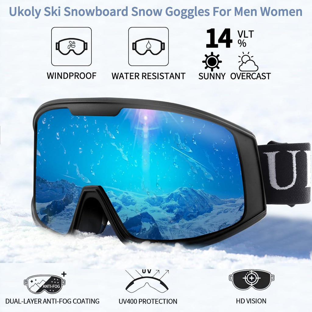 Ukoly Ski & Snowboard Goggles - HD Anti-Fog Lens, UV400 Protection, OTG Design for Men & Women