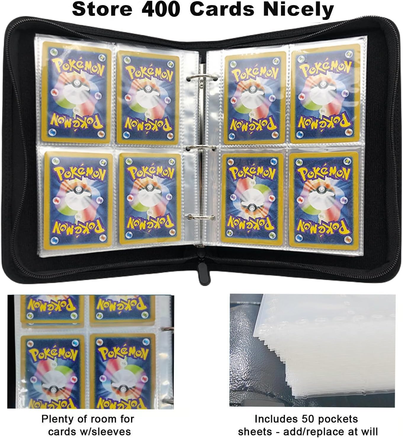 Skiennix Trading Card Binder - 400 Pockets for Pokémon Cards | Zipper Closure & 50 Sleeves, Red