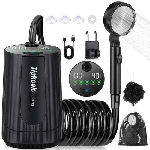 Portable Shower for Camping Essentials: 10000mAh Rechargeable Battery Powered Shower, IPX8 Waterproof Camp Shower Pump, 5-Speed Outdoor Shower with LED Display, Camping Gifts for Men, Dog Bath, Hiking