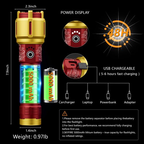 SKYFIRE 2503 LED Rechargeable Flashlights, 10000mAh Super Bright 3000 High Lumens Flashlight Zoomable Tactical Flash Light 10 Modes Waterproof for Home Camping Emergencies Outdoor Hiking Christmas Red